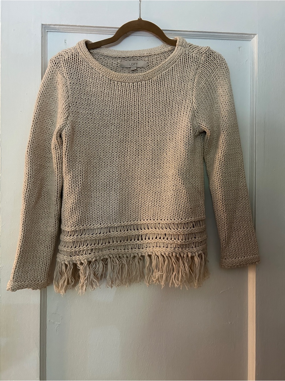LOFT Cream Crewneck Fringe Hem Sweater